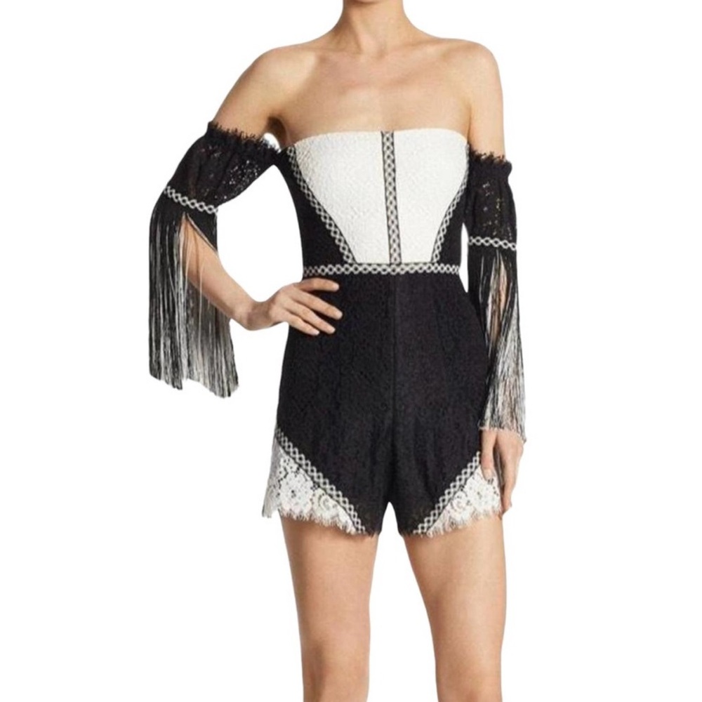 Alexis White and Black Mirabella Off the Shoulder Lace Romper Fringe Jumpsuit